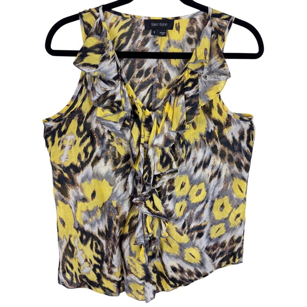 Karen Kane Yellow Leopard Print Ruffle V-Neck Silk Blend Sleeveless Blouse Small